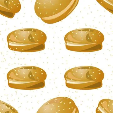 Seamless pattern of seed burger buns. Vector illustration isolated on a yellow Stock Illustration