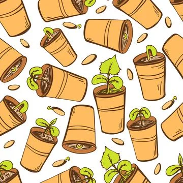 Seamless pattern with seedling pots on a white isolated doodle-style background Illustration