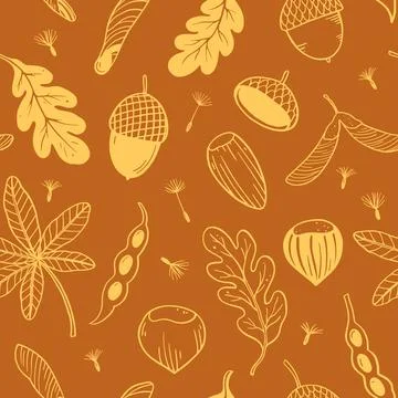 Seamless pattern with seeds, pods and autumn leaves. Vector hand-drawn dood.. Stockillustratie