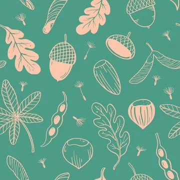 Seamless pattern with seeds, pods and autumn leaves. Vector hand-drawn dood.. Stockillustratie