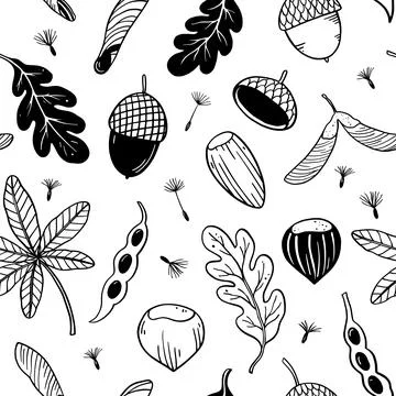 Seamless pattern with seeds, pods and autumn leaves. Vector hand-drawn dood.. Stockillustratie