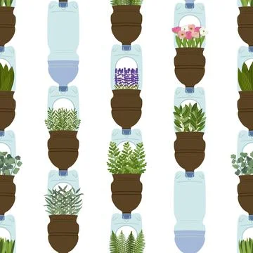Seamless pattern of self-watering plastic bottle planters on white backgrou.. Stock Illustration