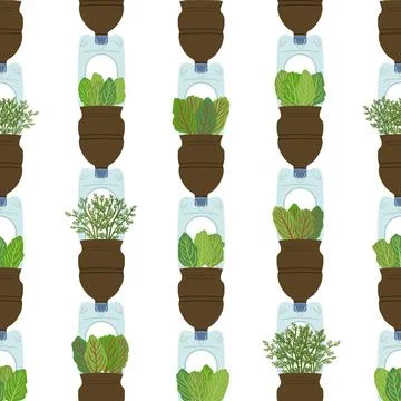 Seamless pattern of self-watering plastic bottle planters on white backgrou.. Stock Illustration