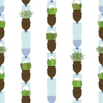 Seamless pattern of self-watering plastic bottle planters on white backgrou.. Stock Illustration