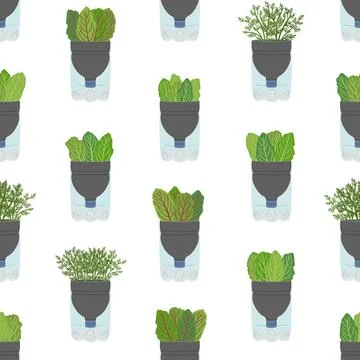 Seamless pattern of self-watering plastic bottle planters on white backgrou.. Stock Illustration