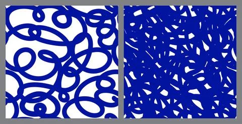 Seamless pattern set with abstract free curlicue lines in blue pen colors. Stock Illustration
