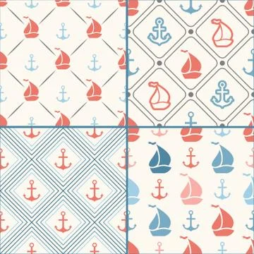 Seamless pattern set of anchor, sailboat shape in frame Stock Illustration