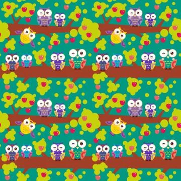 Seamless pattern set bright colorful owls on the branch of a tree with red Stock Illustration