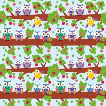 Seamless pattern set bright colorful owls on the branch of a tree with red Stock Illustration