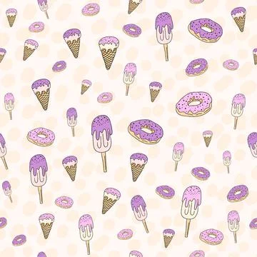 Seamless pattern set, cartoon hand-drawn sweets donuts and ice cream, delicat Stock Illustration