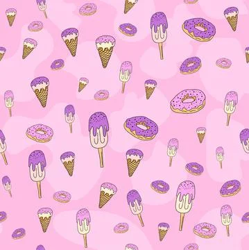 Seamless pattern set, cartoon hand-drawn sweets donuts and ice cream, delicat Stock Illustration