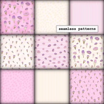 Seamless pattern set, cartoon hand-drawn sweets donuts and ice cream, delicate Stock Illustration