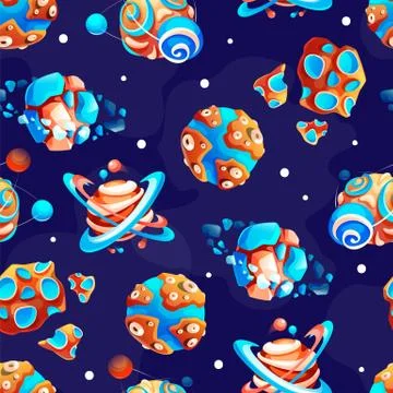 Seamless pattern set of celestial bodies, game space elements, asteroid and Illustrazione stock