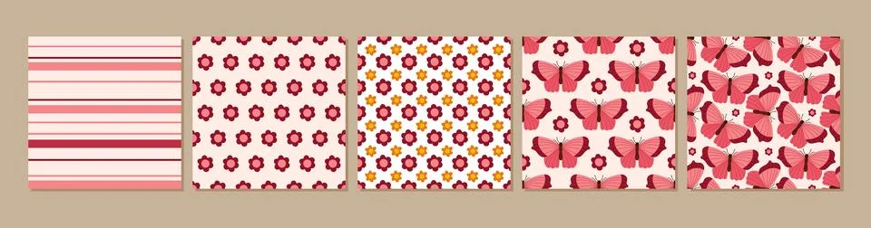 Seamless pattern set. Children's backgrounds with butterflies, flowers, strips Stock Illustration