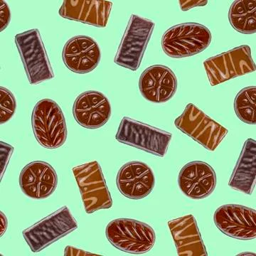 Seamless pattern. Set of chocolates on a light green background, top view, fl Stock Photos