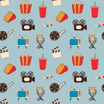 Seamless pattern with Set of cinema objects. Cinema icon in flat style Stock-Illustration