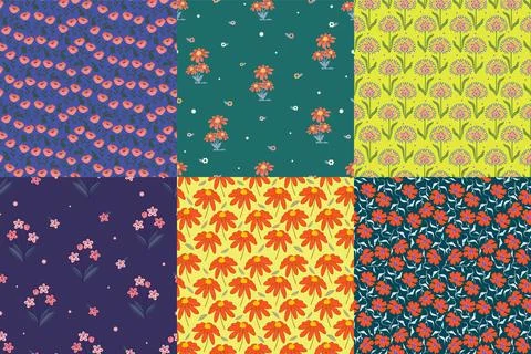 Seamless pattern set with colorful spring fields. Blooming flowers Easter sea Stock Illustration