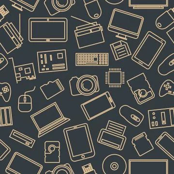 Seamless pattern from a set of computer and gadget icons, vector illustration Stock Illustration