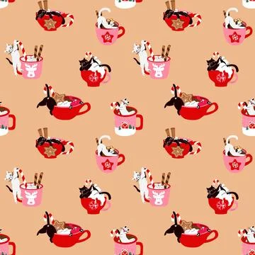 Seamless pattern with Set of Cozy Cats Drinking Hot Chocolate. Stock-Illustration