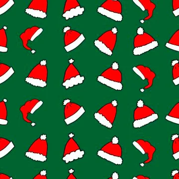 Seamless pattern, set of cute hand-drawn red and white hats on green backgrou Stock Illustration