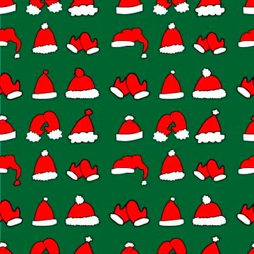 Seamless pattern, set of cute hand-drawn red and white hats and mittens on gr Stock Illustration