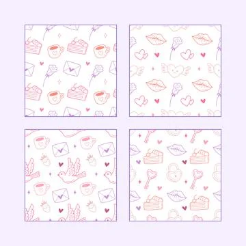 Seamless Pattern Set with Cute Hand Drawn Hearts and Romantic Elements Stock Illustration