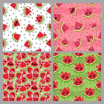 Seamless Pattern Set with Cute Watermelon Slice Characters Stock Illustration