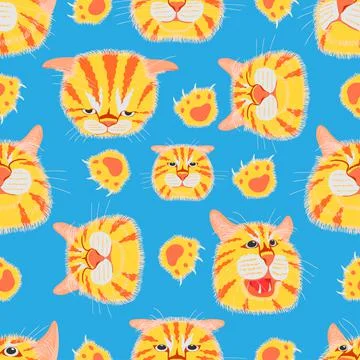 Seamless pattern set of different element cat head funny and cute emotion Stock Illustration
