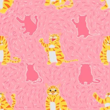 Seamless pattern set of different element cute funny cat emotion. vector Illustrazione stock