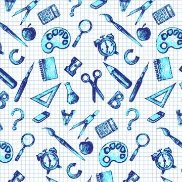 Seamless pattern with set of different school objects イラスト素材
