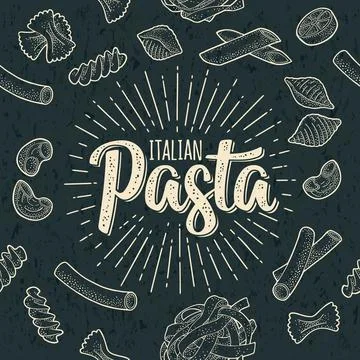Seamless pattern set with different types of pasta. Vector vintage engraving Stock Illustration