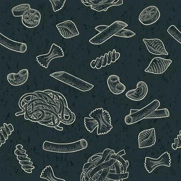 Seamless pattern set with different types of pasta. Vector vintage engraving Stockillustratie