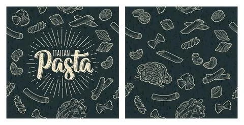 Seamless pattern set with different types of pasta. Vector vintage engraving Stockillustratie