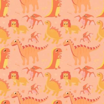 Seamless pattern with set of dinosaurs on lighr background with hand drawn Stock Illustration