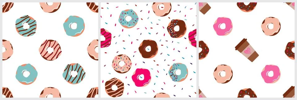Seamless pattern set with donuts and sprinkles, and coffee Stock Illustration