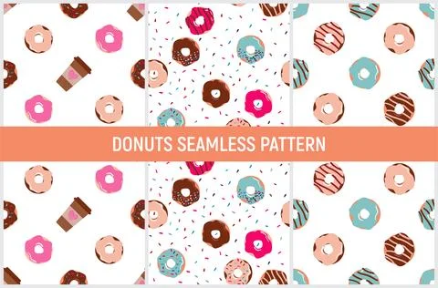 Seamless pattern set with donuts and sprinkles, and coffee Stock Illustration