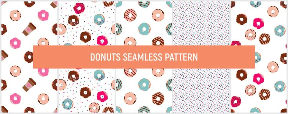 Seamless pattern set with donuts and sprinkles, and coffee Stock Illustration