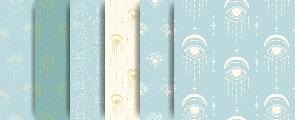 Seamless pattern set with esoteric beige blue elements. Illustrazione stock