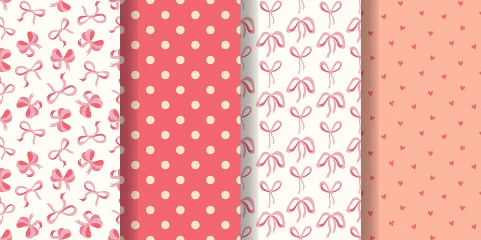 Seamless pattern set featuring hearts, bows and polka dots イラスト素材