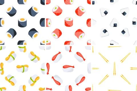 Seamless pattern set featuring various sushi rolls, nigiri, onigiri, and Иллюстрация
