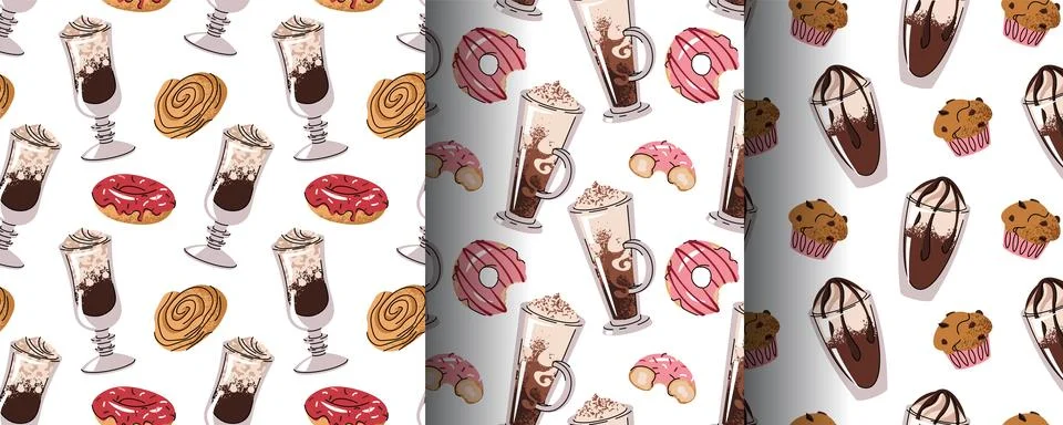 Seamless Pattern Set. Flat Style Collection texture of Coffee Drinks, Cakes Stock Illustration