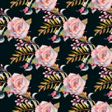 Seamless pattern. Set of flower branches. Rose flower, leaves, berries . Wedd Stock Illustration