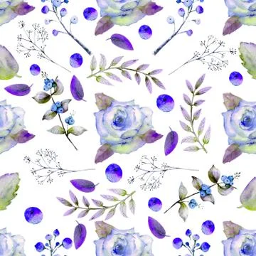 Seamless pattern. Set of flower branches. Blue rose flower, green leaves, red Stock Illustration