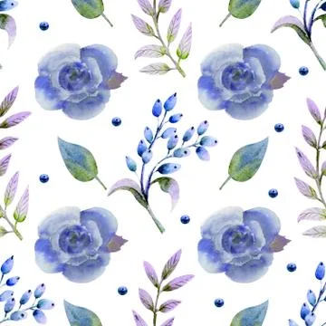 Seamless pattern. Set of flower branches. Blue rose flower, green leaves, red Illustrazione stock
