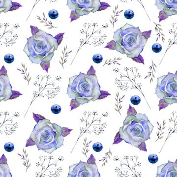 Seamless pattern. Set of flower branches. Blue rose flower, green leaves, red Stock Illustration