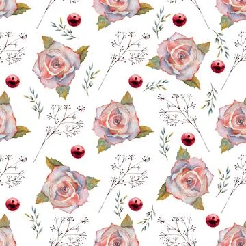 Seamless pattern. Set of flower branches. Pink rose flower, green leaves, red Stock Illustration