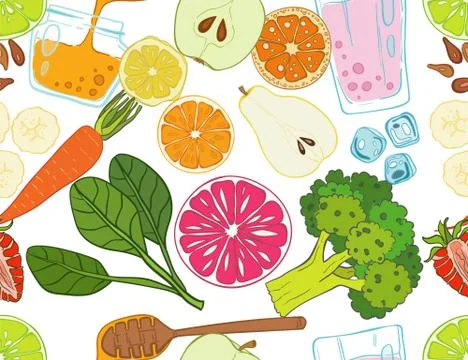 Seamless pattern set of fresh hand drawn fruits and vegetables Stock Illustration