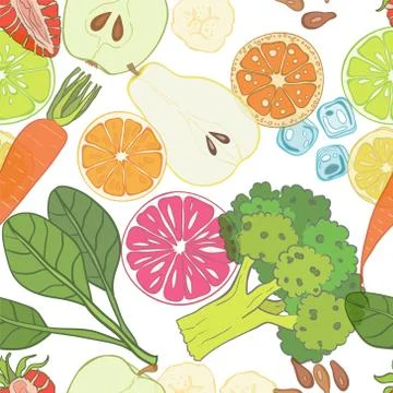 Seamless pattern set of fresh hand drawn fruits and vegetables Stock Illustration