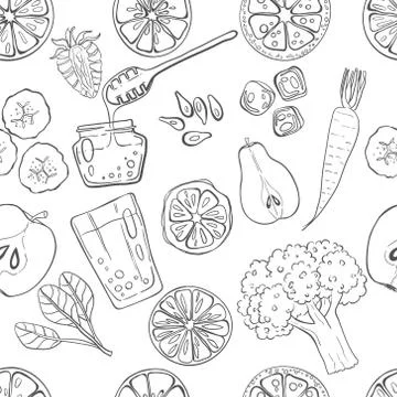 Seamless pattern set of fresh hand drawn fruits and vegetables Stock Illustration