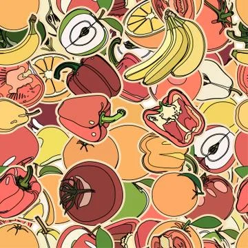 Seamless pattern with set of fruits and vegetation. Seamless tex Illustrazione stock